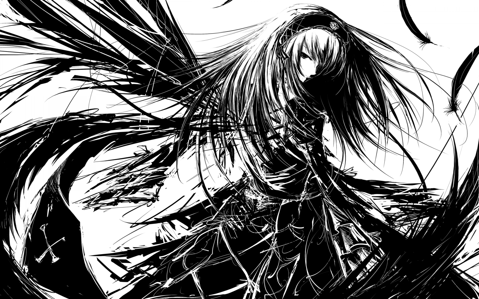 výkres, ilustrace, černobílý, anime, kreslená pohádka, křídlo, skica, 2560x1600 px, Černý a bílý, monochromatické fotografování, fiktivní postava