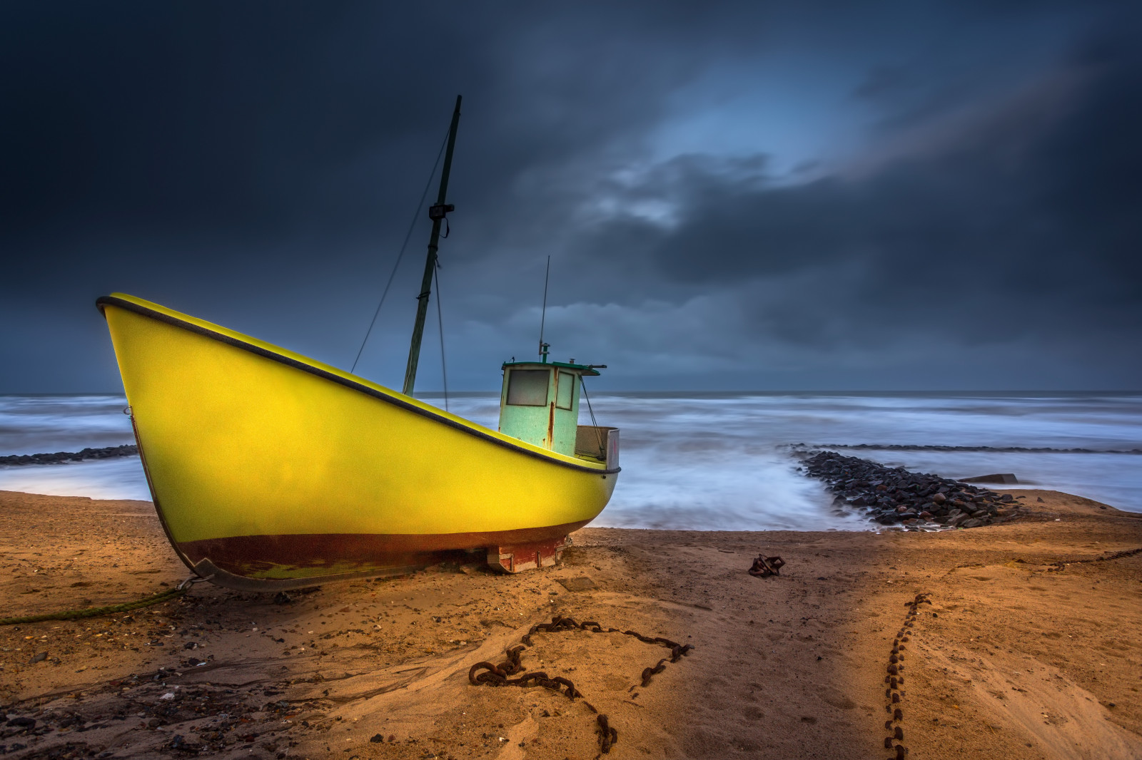 Wallpaper storm, beach, clouds, Denmark, lights, boat, waves, wind, l
