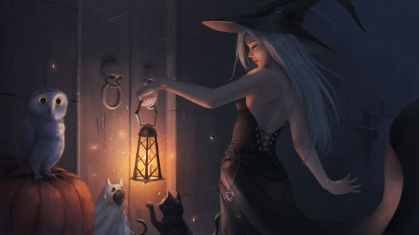 women, fantasy girl, witch, witch hat, Women with Hats, fantasy art
