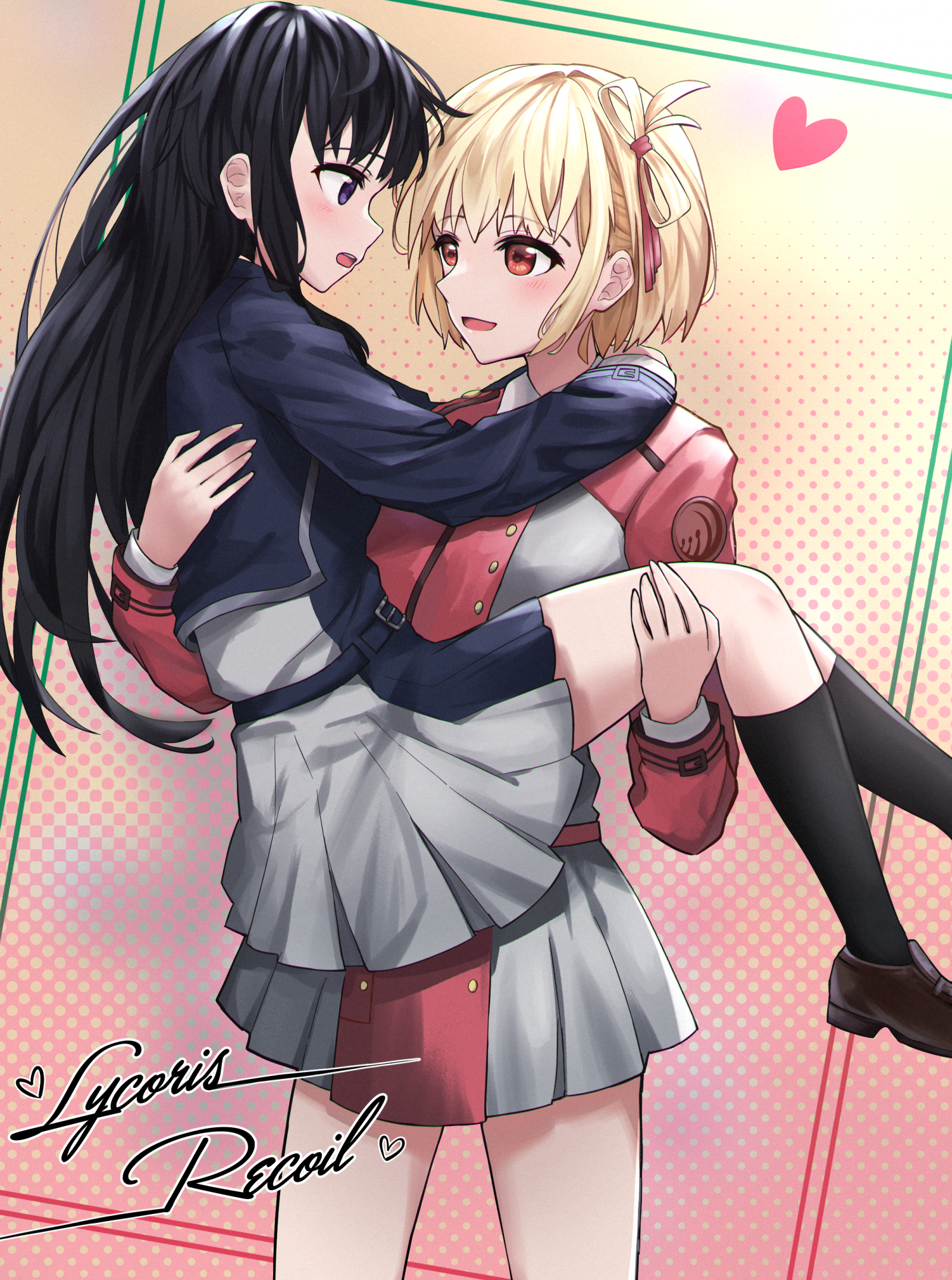 anime, anime dívky, Lycoris Recoil, Nishikigi Chisato, Inoue Takina, krátké vlasy, blondýnka, dlouhé vlasy, černé vlasy, two women, umělecká díla, digitální umění, fan art