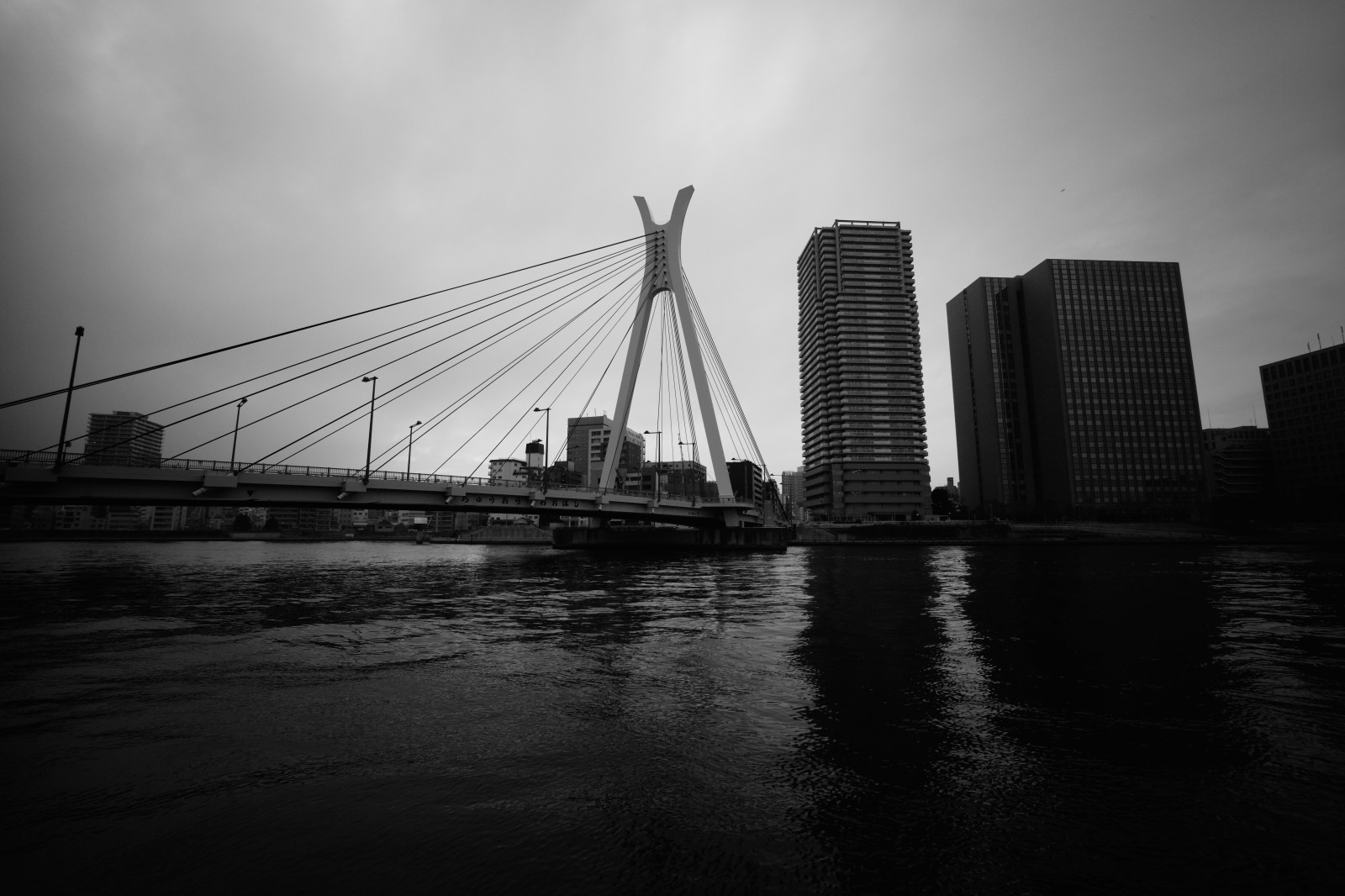 Černá, černobílý, město, panoráma města, odraz, panoráma, mrakodrap, večer, most, horizont, soumrak, Leica, Tokio, M, mrak, tělesné, tvar, čára, tma, sumidariver, sumidagawa, leicam, typ240, chuoohashi, SWH, swh15mm, superwideheliar, voigtla nder, superwideheliar15mm, atmosférický jev, Černý a bílý, monochromatické fotografování, lidské osídlení