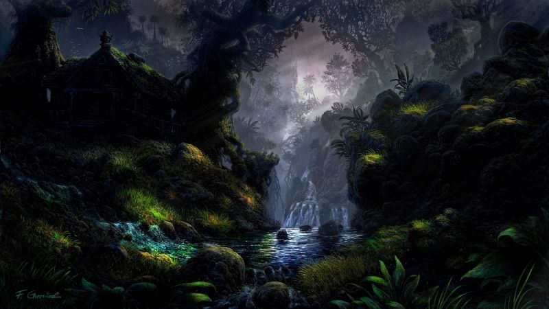 fák, erdő, vízesés, fantasy art, szikla, fű fák, erdő, vízesés, fantasy art, szikla, fű