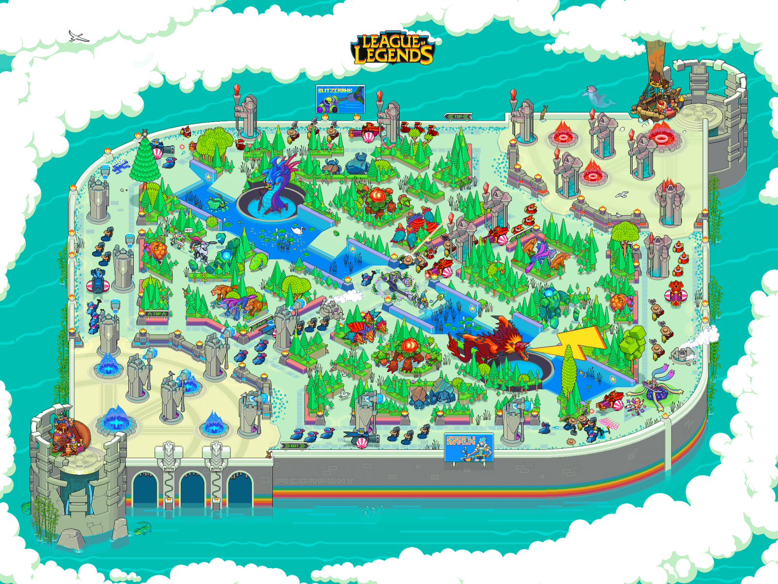 ilustrace, město, League of Legends, Summoner je Rift, letovisko, hřiště, Hračka, hrát si, lidské osídlení, zábavní park, zábavní jízda, vodní park, urbanismus, veřejný prostor, venkovní hrací zařízení