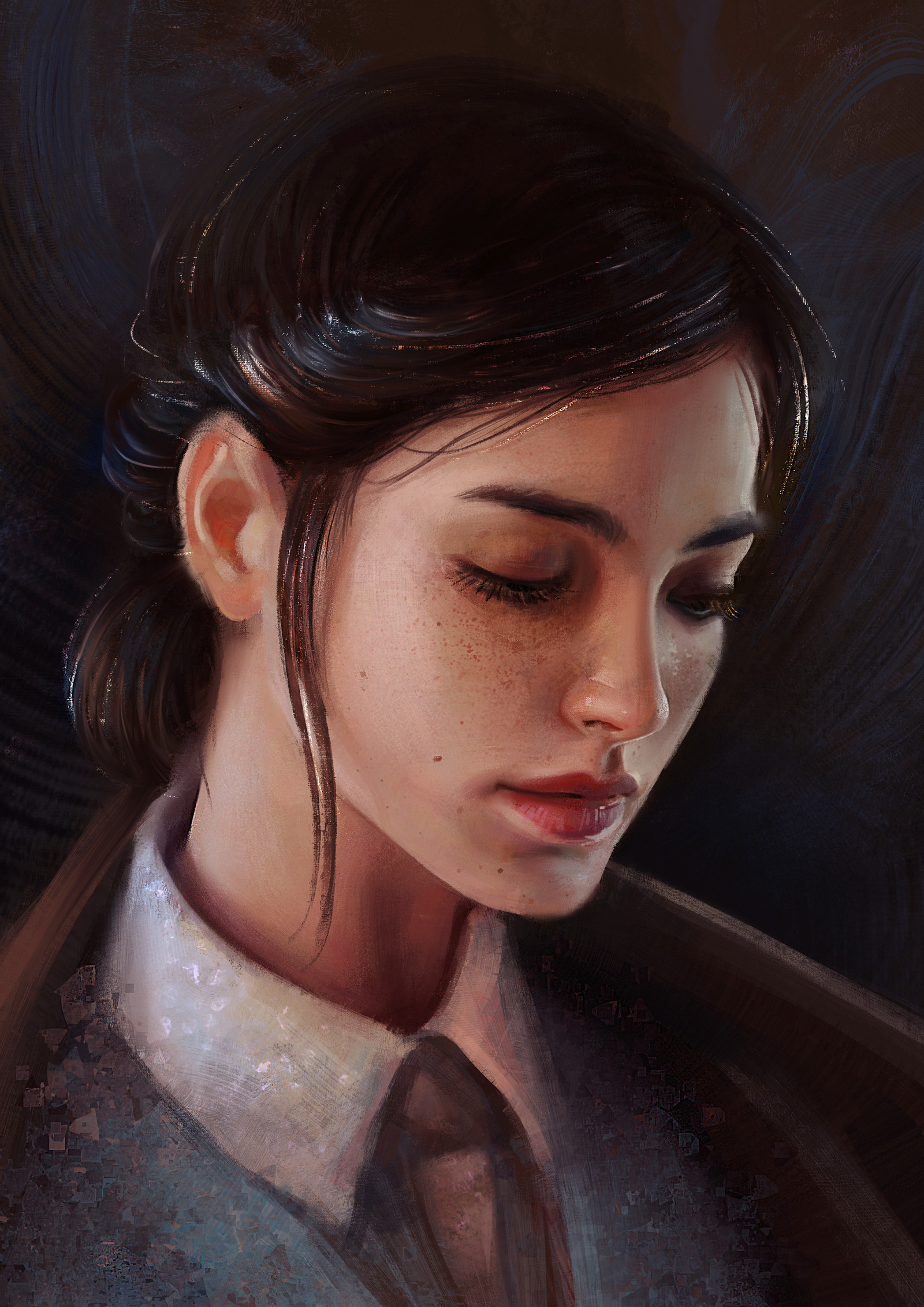 Mandy Jurgens, portræt, Portræt display, Kvinder, mørkt hår, young woman, fregner, painted freckles, digitalt maleri, Digital kunst, kunstværk, fan kunst, ansigt, ArtStation