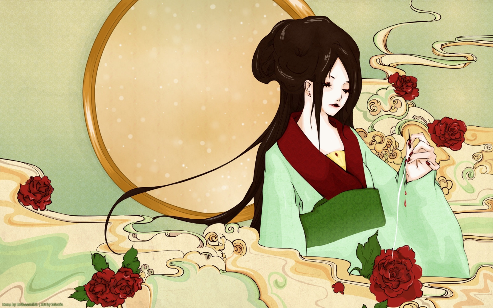 illustration, anime, brunette, tegneserie, blod, kimono, KUNST, pige, kvinde, roser, nål