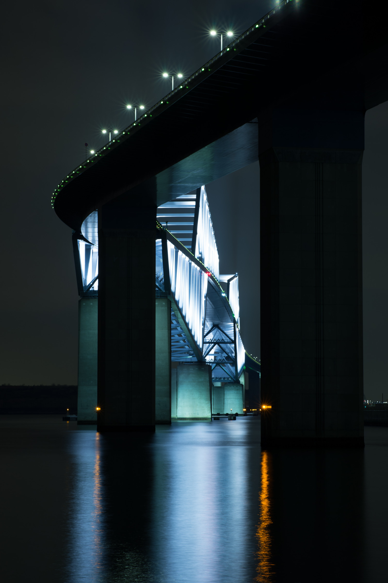 Japan, night, architecture, reflection, symmetry, blue, bridge, Nikon, Tokyo, Jp, light, nikkor, illuminated, illumination, lighting, darkness, landmark, tokyobay, tokyogatebridge, afs105mmf14eed, afsnikkor105mmf14eed, df
