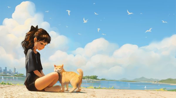 Sam Yang,artwork,cats,ponytail,beach,girl sitting on ground