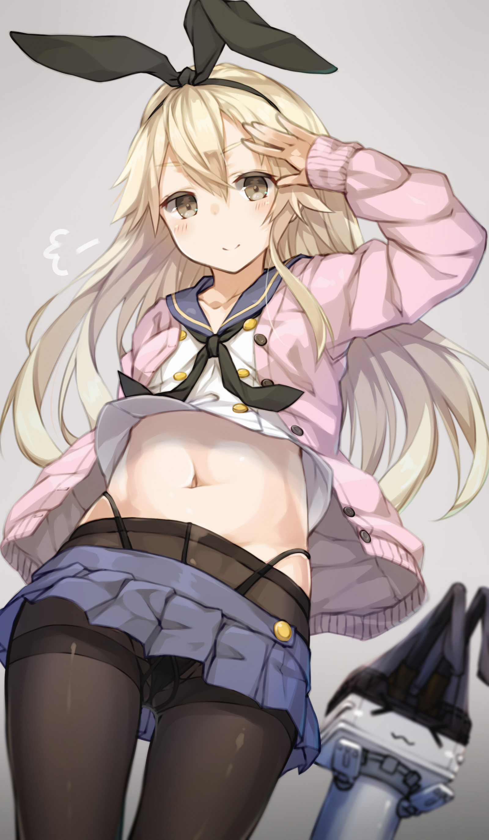 ilustrace, blondýnka, dlouhé vlasy, anime, anime dívky, punčocháče, kreslená pohádka, Kantai Collection, hnědé oči, sukně, svetr, černé punčocháče, Shimakaze Kancolle, Rensouhou chan, oblečení, mangaka