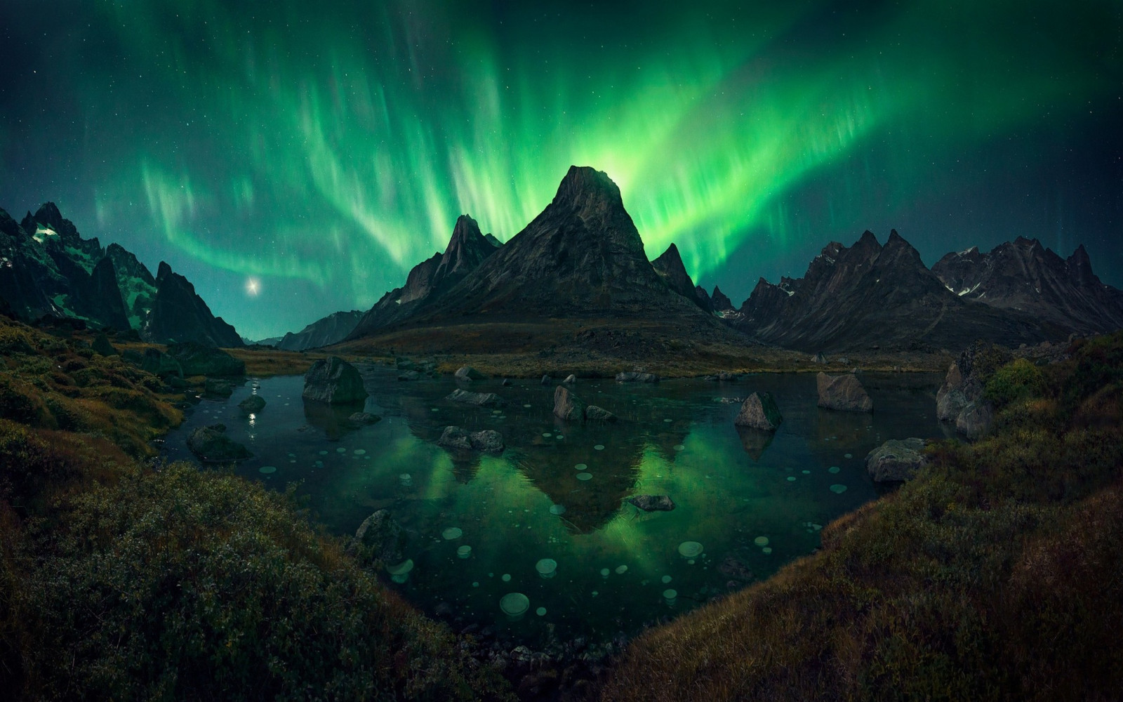Wallpaper 2100x1313 px, aurorae, grass, Greenland, lake, landscape