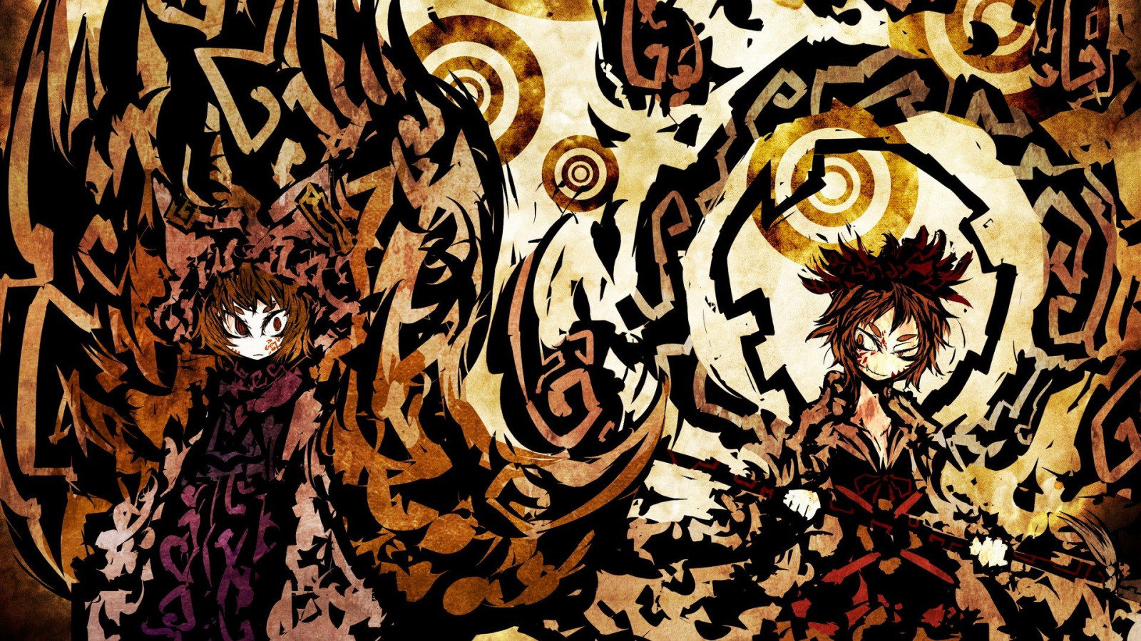 1920x1080 px, abstrakt, Tier, Anime, Blondinen, Kleid, Ohren, Augen, Gesichts-, Zähne, Spiele, Mädchen, Haar, Hüte, Kitsune, Kennzeichen, Orange, Ornaments, Lief, rot, kurz, Shou, Spears, Toramaru, Touhou, Video, Waffen, Yakumo