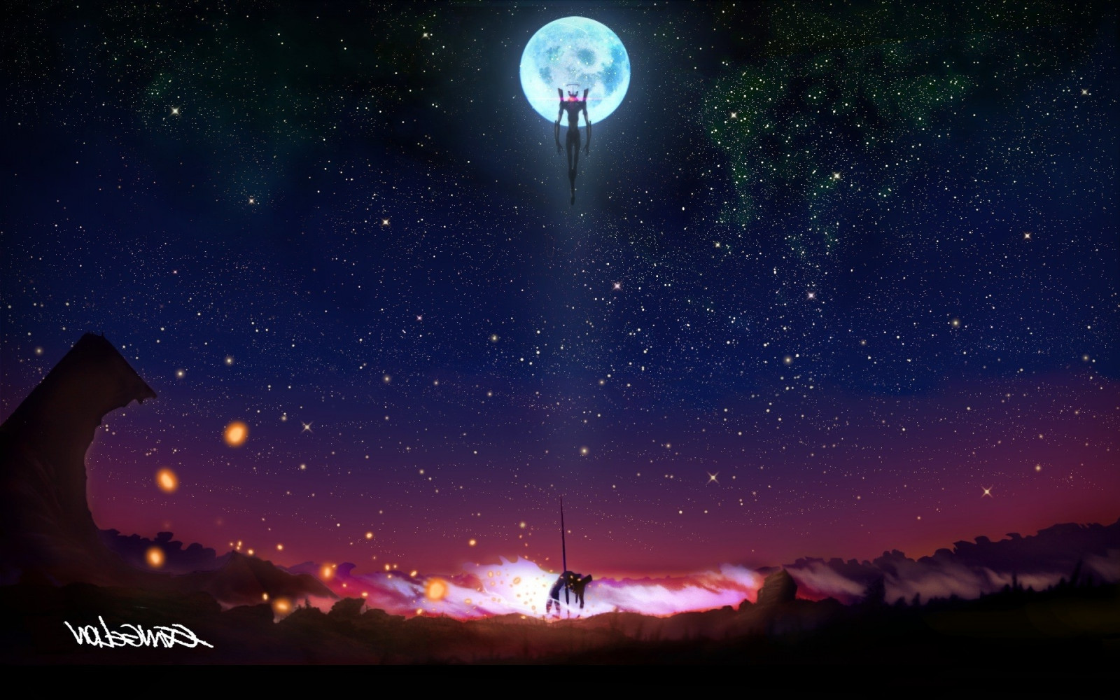 1920x1200 px, Eva, Evangelion, Genesis, mecha, Měsíc, neon, noc, hvězdy, jednotka