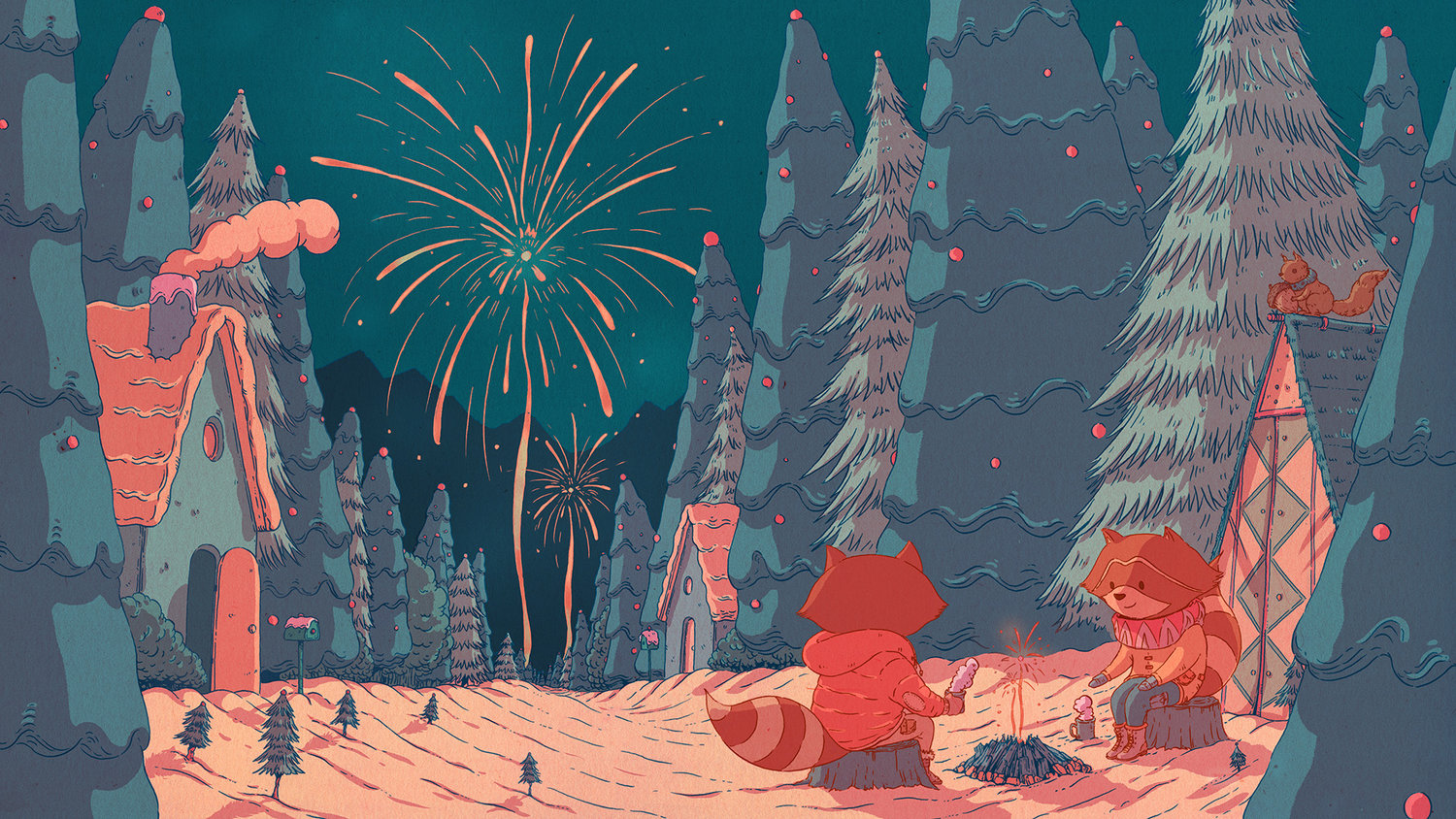 Příroda, krajina, les, clearing lesní, mývalové, ohňostroj, zima