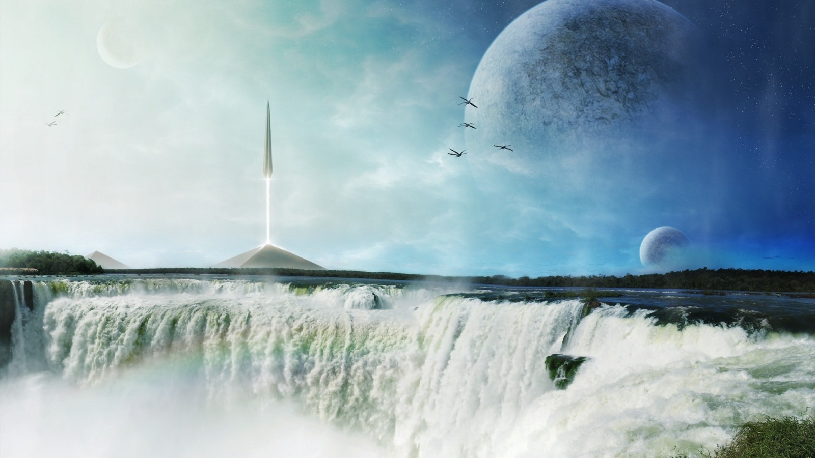 cascada, arte digital, planeta, agua, naturaleza, Espacio arte, ciencia ficción, viento, atmósfera, nube, arco iris, ola, Fenómeno atmosférico, Atmósfera de tierra, Onda de viento, fuente de agua