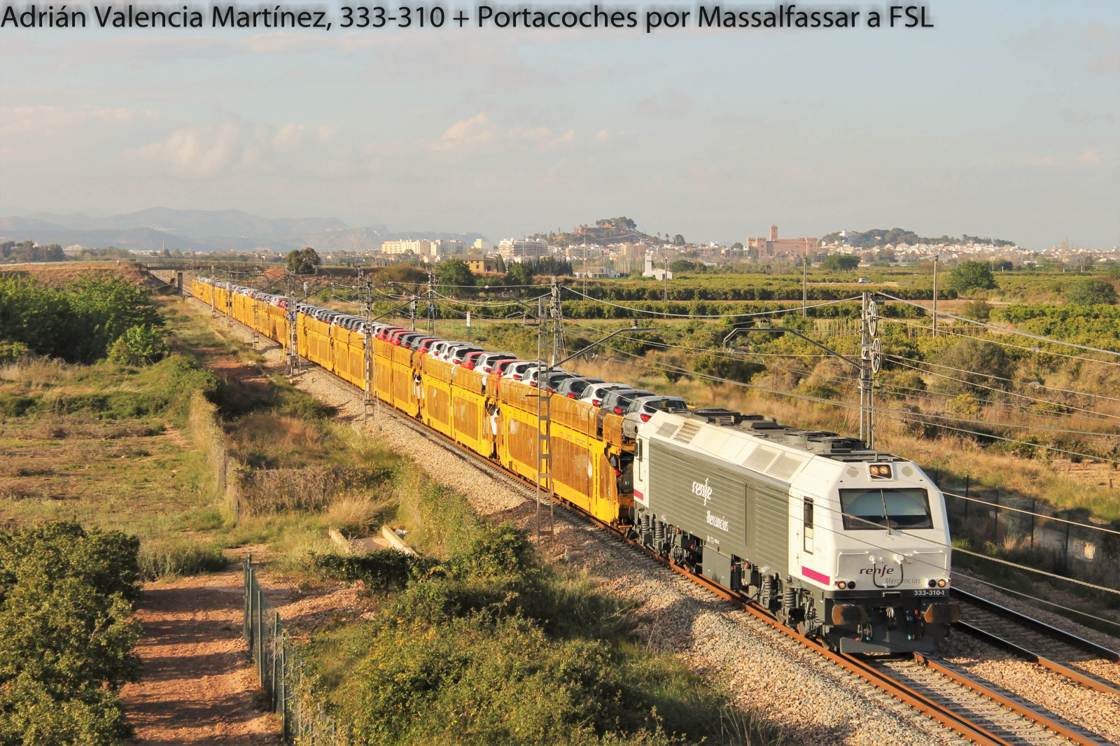 Himmel, Fahrzeug, Zug, Transport, Ladung, Lokomotive, Opel, Baum, Pflanze, Spur, Prima, ländliches Gebiet, öffentlicher Verkehr, Schienenverkehr, Fahrzeuge, Eisenbahnwagen, Renfe, Portacoches, Alsthom, 333, Vossloh, Cdea, Massalfassar