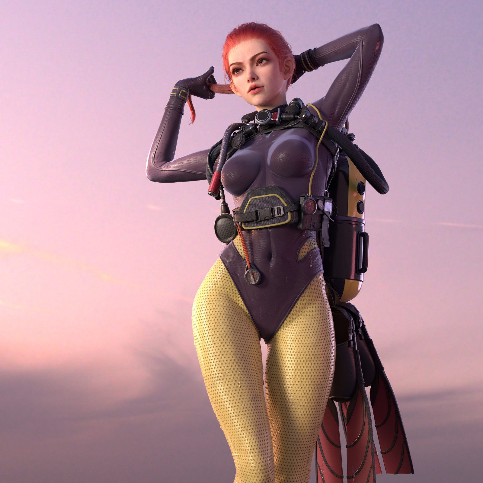 scuba, CGI, våd, lav vinkel, mager tøj, holder hår, ArtStation, dykkere, Owen Q, himmel, bodysuit, kunstværk