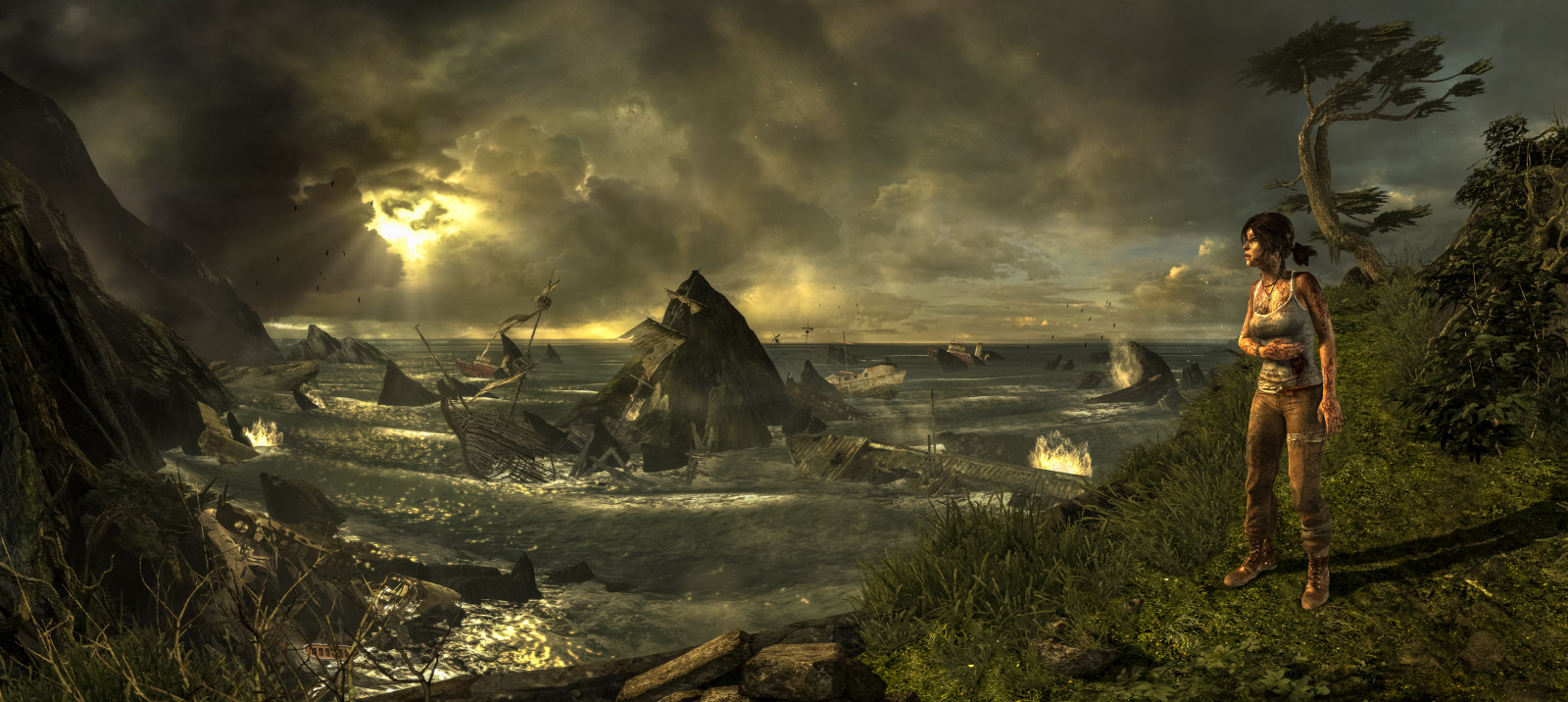 krajina, les, nebe, panoráma, džungle, hrobka, strom, dívka, oceán, Snímek obrazovky, počítač tapeta, geologický fenomén, lara, Tomb Raider, jev, políčko, nájezdník, cg artwork, visual effects, environmental art