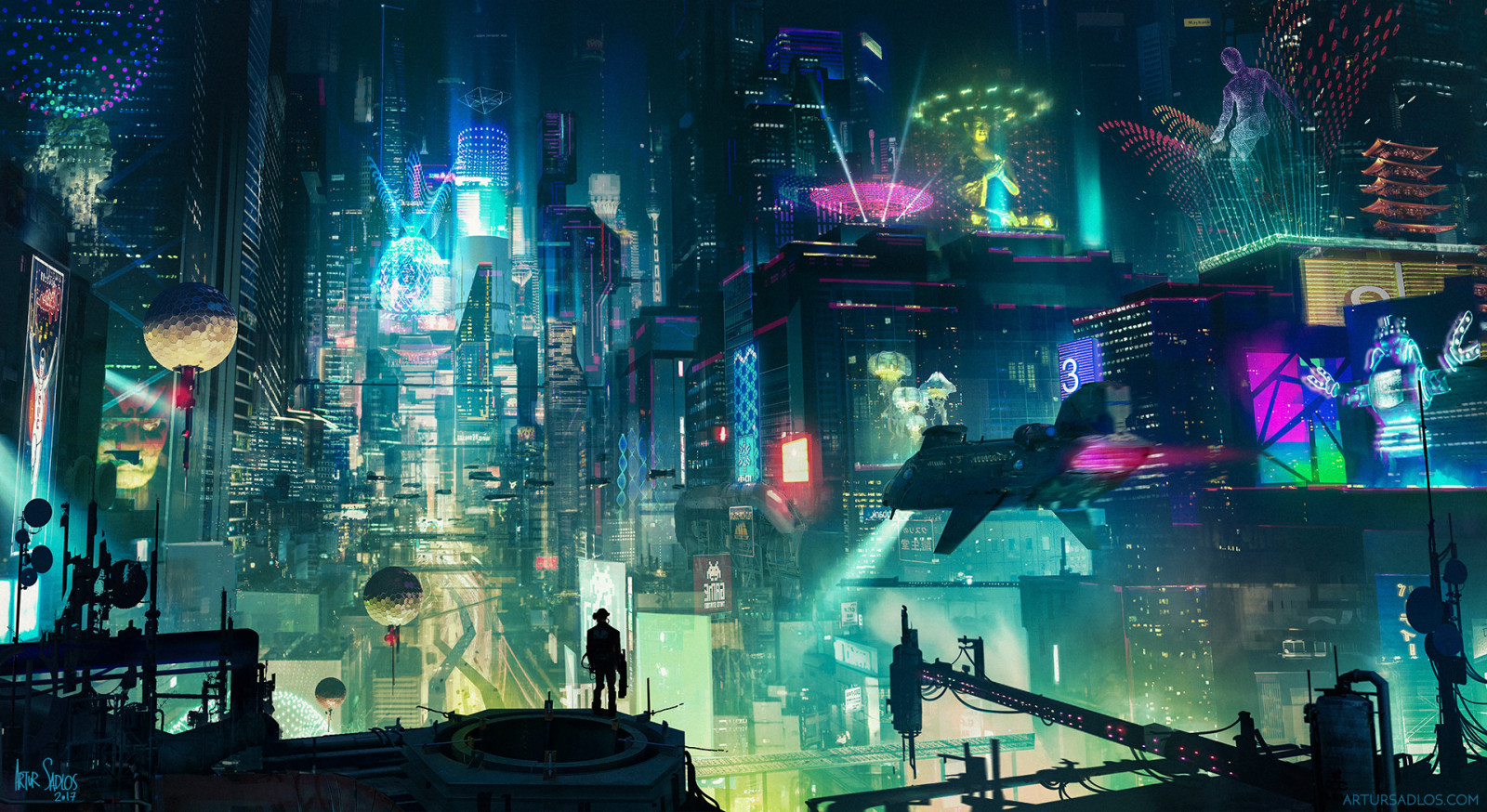 Cyberpunk, Stadtbild, Stadt, Wolkenkratzer, Gebäude, futuristisch, Futuristische Stadt, Beleuchtung, Nacht-, Metropole, digitale Kunst, Anzeigen, Strassenlicht, Straße