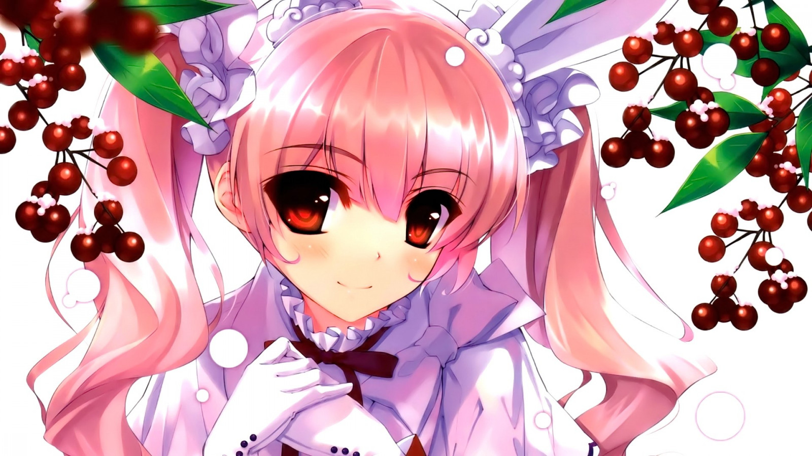 ilustrace, dlouhé vlasy, anime, anime dívky, při pohledu na diváka, umělecká díla, bílé pozadí, usmívající se, červené oči, Původní znaky, Růžové vlasy, twintails, jeřabin, Misaki Kurehito, mangaka