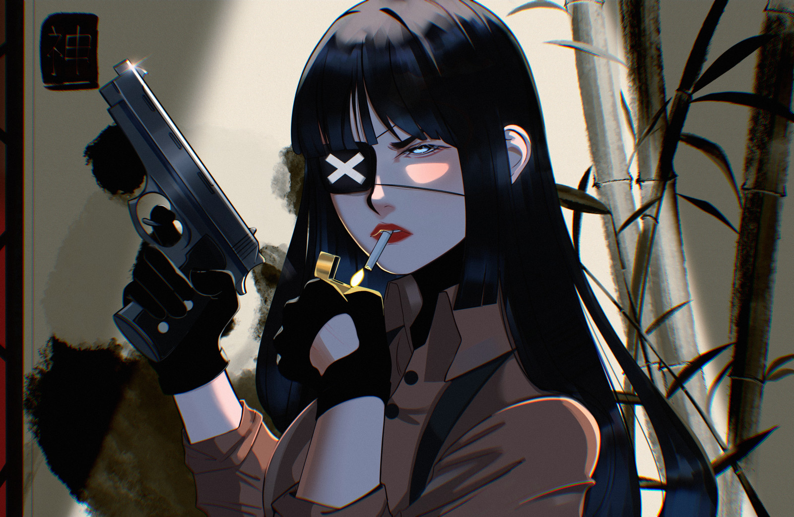 digitální, ilustrace, digitální umění, umělecká díla, ženy, pistole, pistole, zbraň, náplast, bruneta, kouření