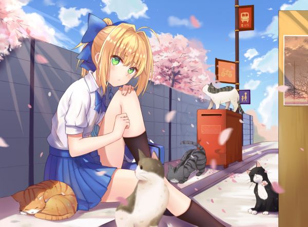 blonde, trees, illustration, animals, anime, sky