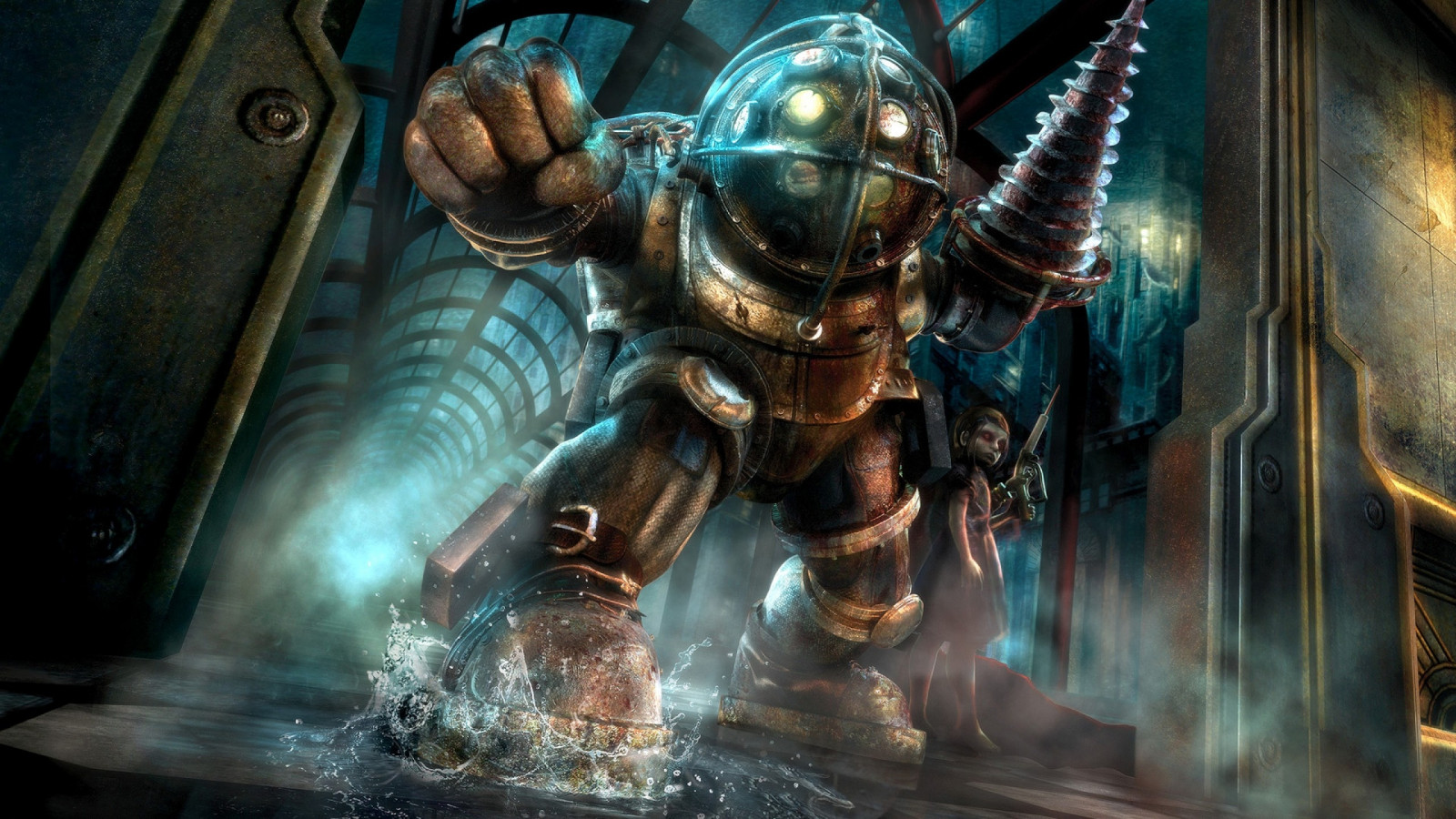 Big Daddy, BioShock, mytologi, Lillesøster, mørke, rustning, computer tapet, specielle effekter, pc spil, cg artwork, visual effects, video game software