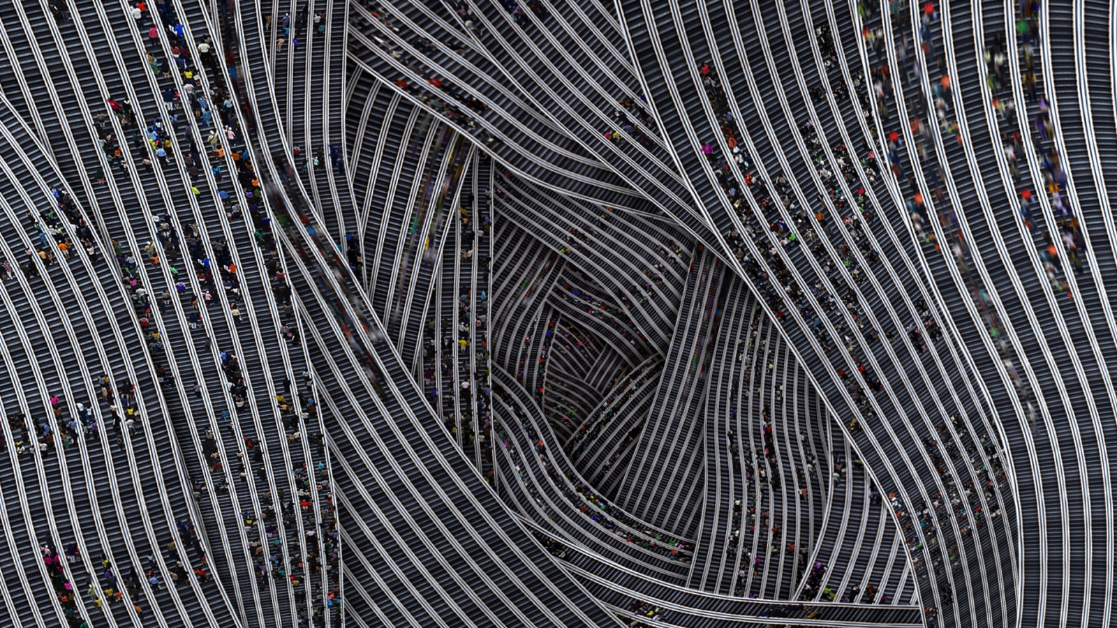 lidé, abstraktní, koláž, fotografování, umělecká díla, symetrie, vzor, Rozmazané, textura, kruh, jezdící schody, davy, rozostření pohybu, UMĚNÍ, list, síť, materiál, tvar, design, čára, podlaha, drátěné pletivo