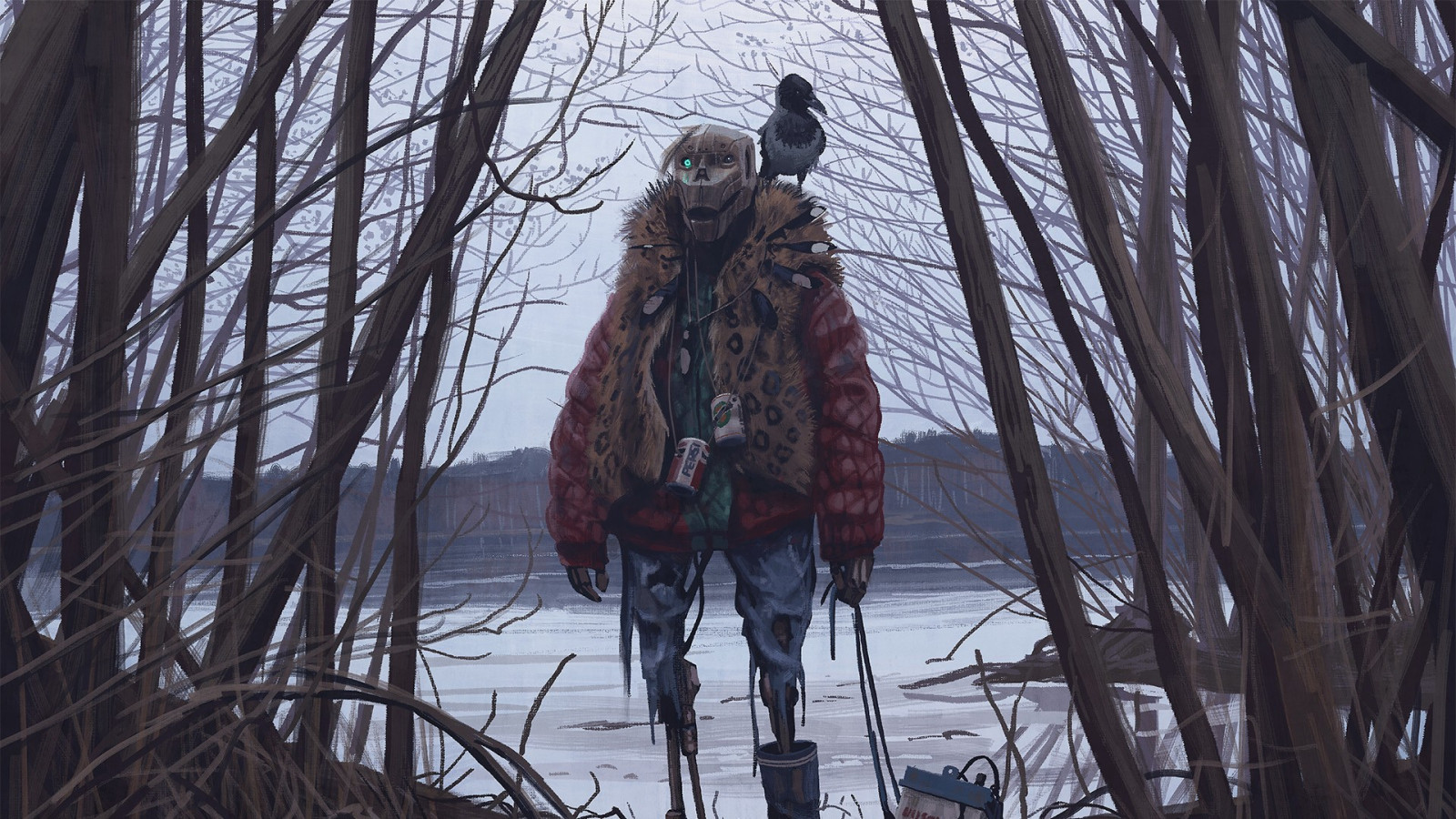 Skov, sne, vinter, kunstværk, Simon Stalenhag, jagt, træ, vejr, sæson