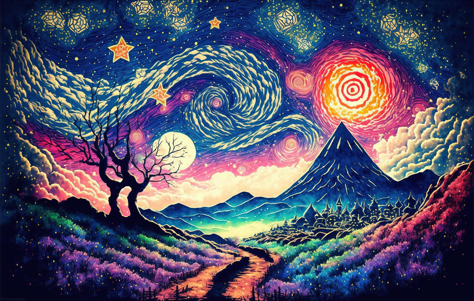ai art, illustration, Uomi, kunstværk, landskab, nat, stjerneklar nat, natur