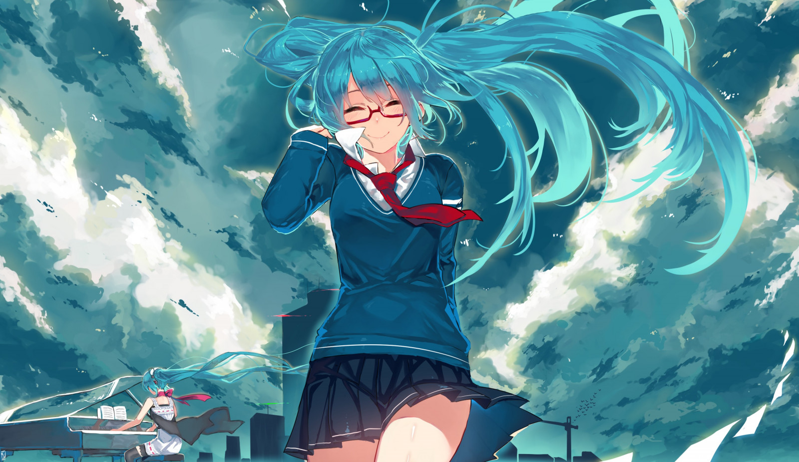 ilustrace, anime, anime dívky, brýle, Vocaloid, Hatsune Miku, sukně, twintails, aqua hair, Snímek obrazovky, počítač tapeta, fiktivní postava