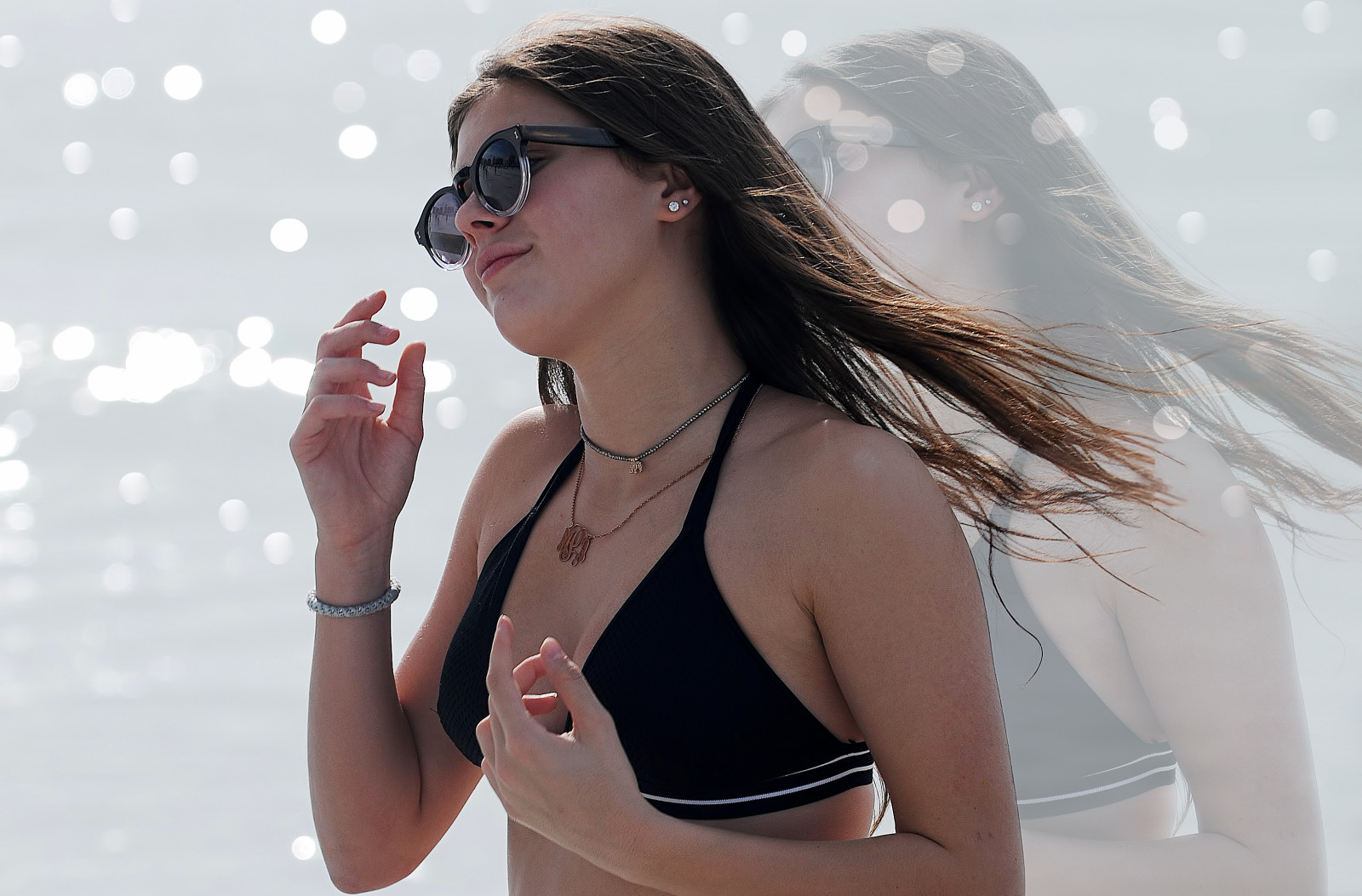 oceán, Mexický záliv, marcoisland, Florida, southwestflorida, Spojené státy americké, Slunný, bokeh, rozkoš, šťastný, lidé, portrét, upřímný, náhrdelníky, náušnice, tmavé vlasy, hezká holka, roztomilá dívka, blackbikini, sunglases, brodění, voda