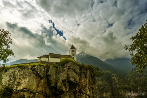 travel, autumn, Alps, clouds, church, rock