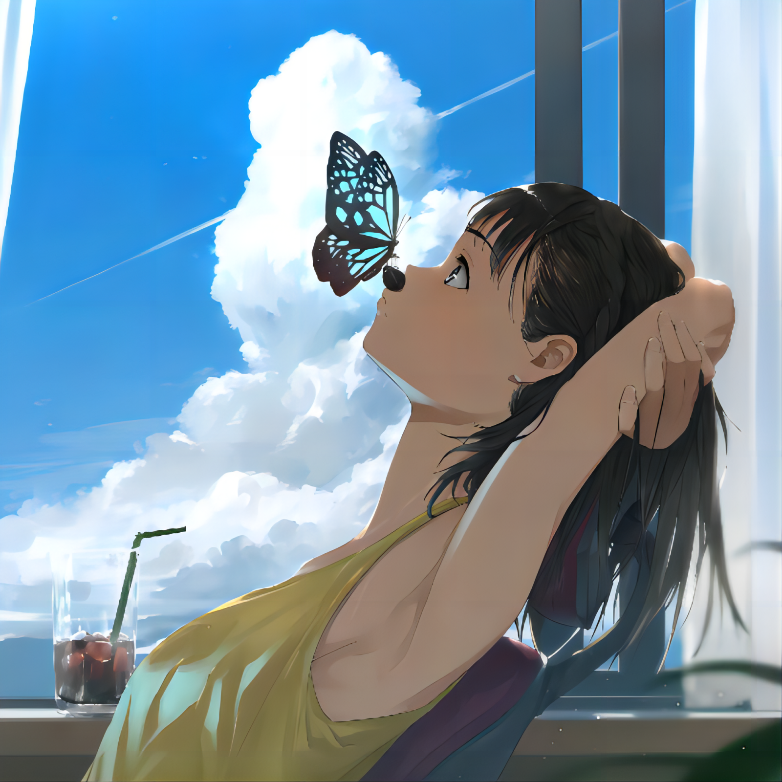borboleta, céu limpo, cabelo preto, nuvens