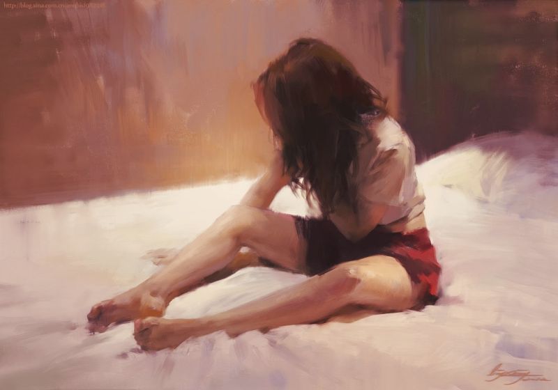 schilderij, vrouw, 1350x945 px, bed, brunette