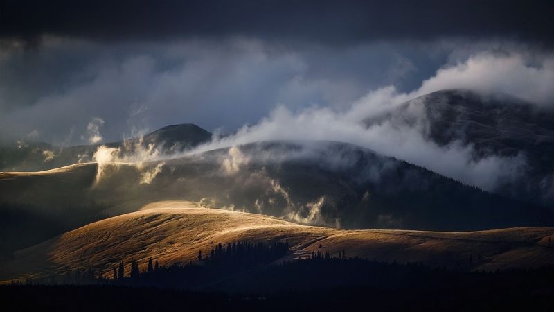 1400x788 px,mraky,les,krajina,mlha,ráno