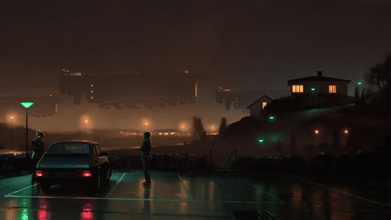 fantasy umění, panoráma města, noc, odraz, futuristický, déšť fantasy umění, panoráma města, noc, odraz, futuristický, déšť