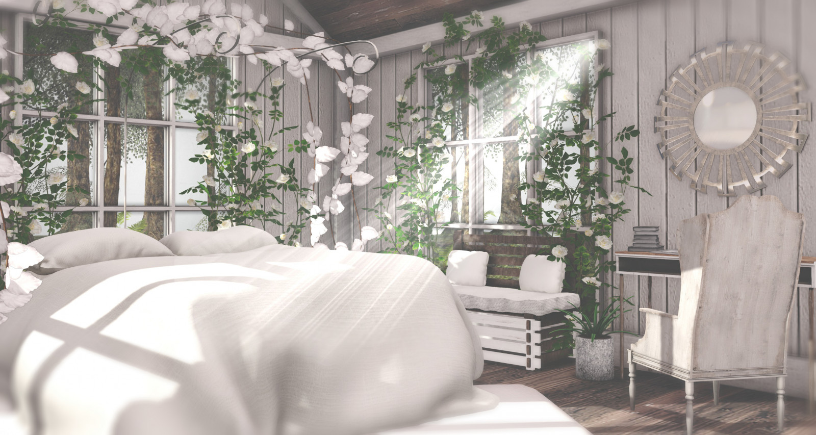 lagom, kosmopolitní, secondspaces, theloft, Árie, fancydecor, Mudhoney, meshplants, trompeloeil, studioskye, domů, nábytek, bílý, vinobraní, fotografování, Vzhled interiéru, uvnitř, ranní světlo, ložnice, růže