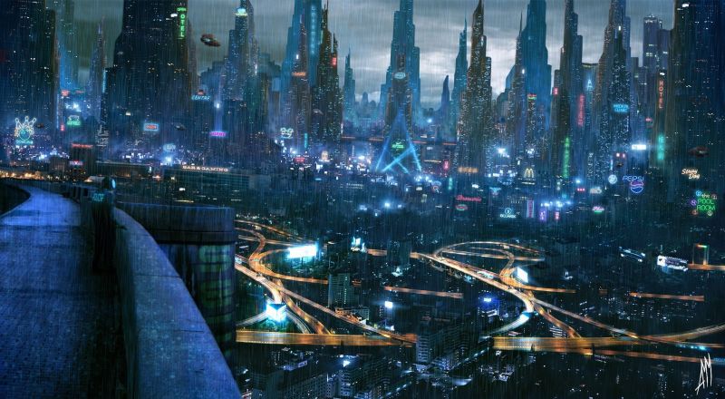 digitální umění, panoráma města, noc, odraz, světla, město digitální umění, panoráma města, noc, odraz, světla, město