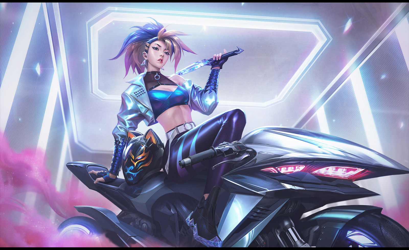 Chengwei Pan, výkres, League of Legends, Akali League of Legends, kda, motocykl, řeřavý, zbraň, Nože, helma