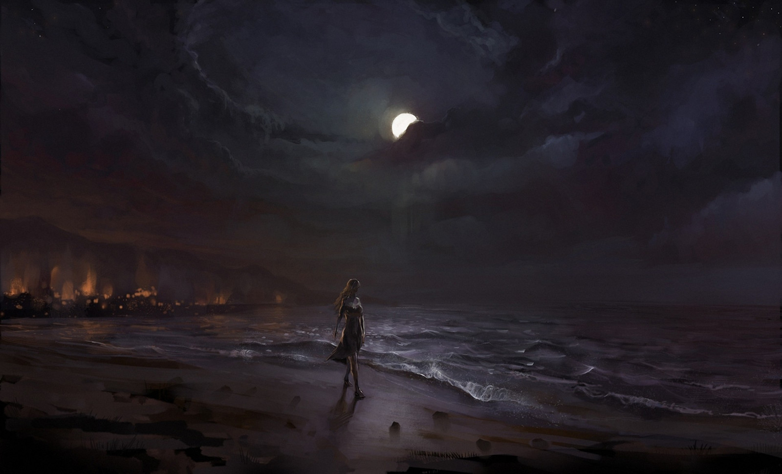 Meer, Nacht-, Kunstwerk, Abend, Mondlicht, Atmosphäre, Dämmerung, Wolke, Wetter, Dämmerung, Ozean, Welle, Dunkelheit, Bildschirmfoto, 1920x1164 px, Atmosphärisches Phänomen, Weltraum, Geologisches Phänomen