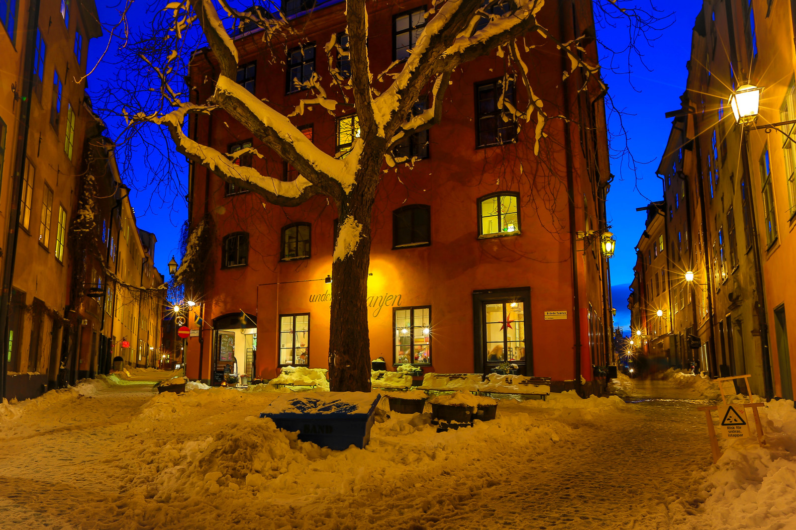 aften, Sverige, Stockholm, Gamlastan, Sverige, gammel by, ljus, Kastanie, kv ll, Br ndatomten, underkastanjen