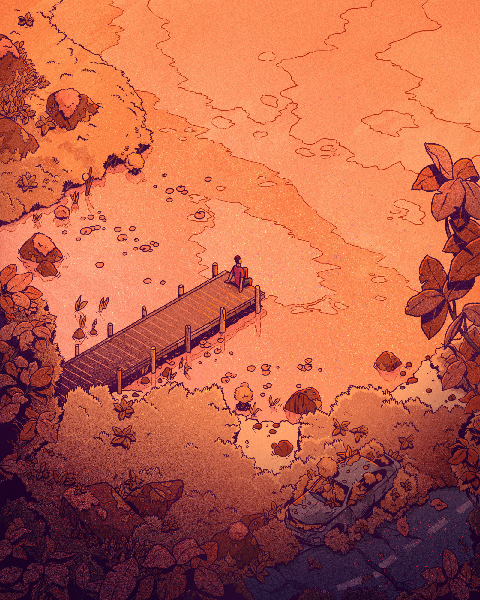 digitální umění, umělecká díla, ilustrace, životní prostředí, molo, řeka, Příroda, rostliny, voda, oranžový, displeje na výšku