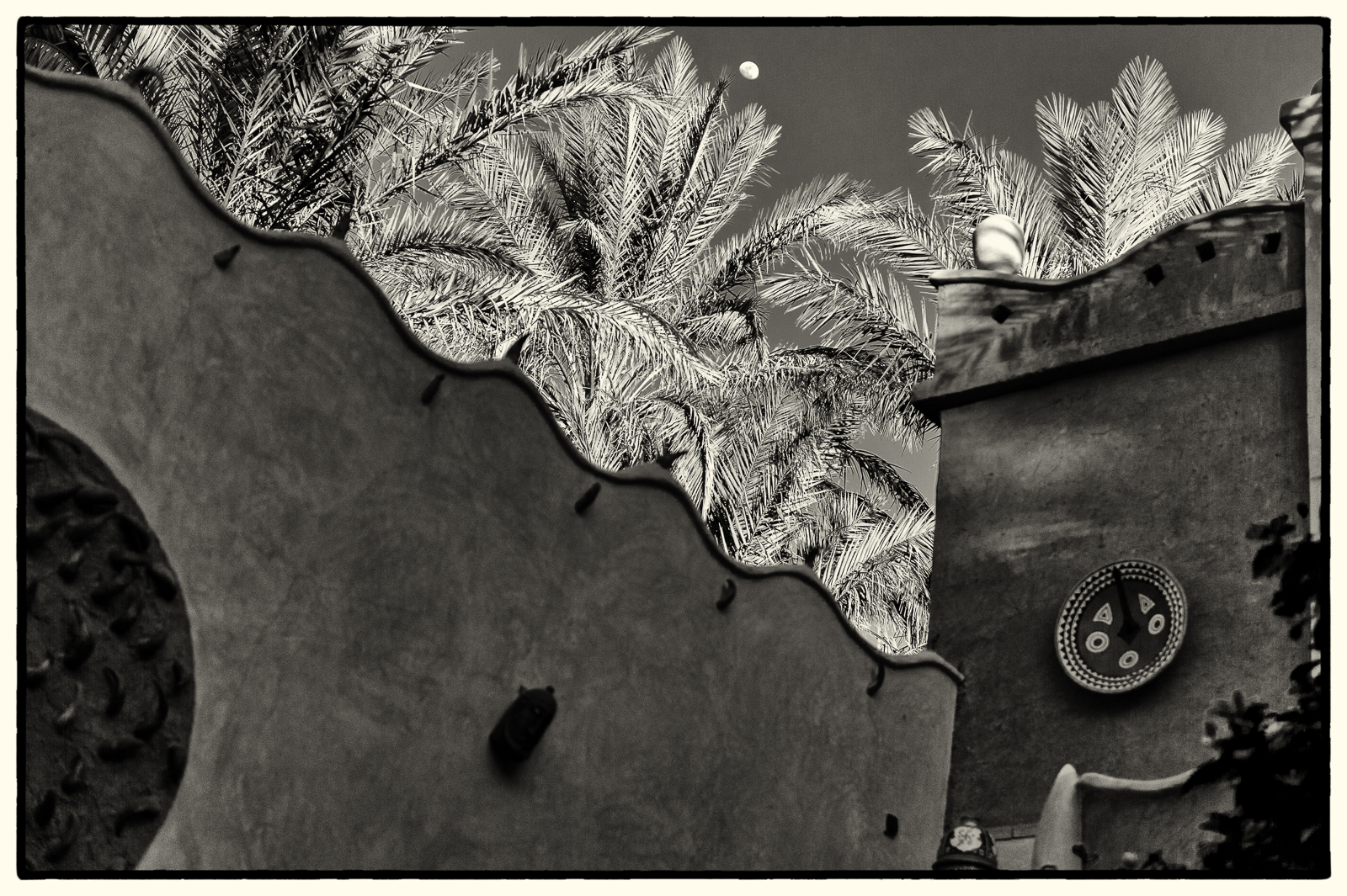 světlo, tělesné, Měsíc, stěna, podsvícení, fasáda, abend, mond, Nikon, palmy, Maroko, SW, Baume, Zagora, Marokko, fassade, Mauer, gegenlicht, Palmy, D700