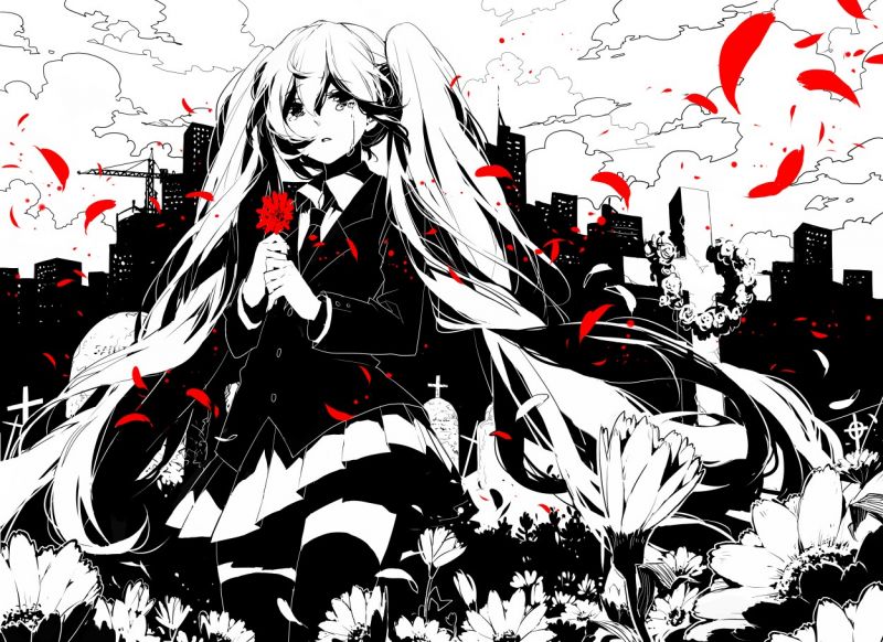 ilustrace, černobílý, anime, kreslená pohádka, výkres, Hatsune Miku ilustrace, černobílý, anime, kreslená pohádka, výkres, Hatsune Miku