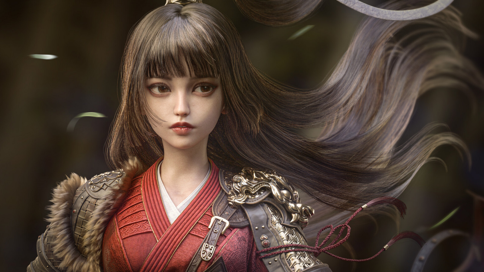 Michael Mao, women, CGI, bangs, red clothing, shoulder pads, wind, portrait