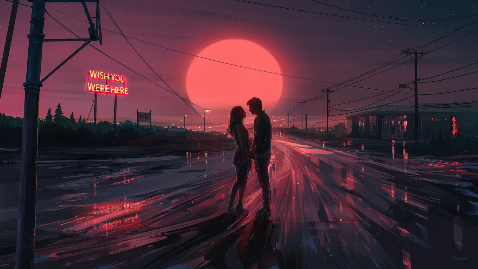 Wallpaper : digital painting, romantic, night, couple, Aenami 1920x1080