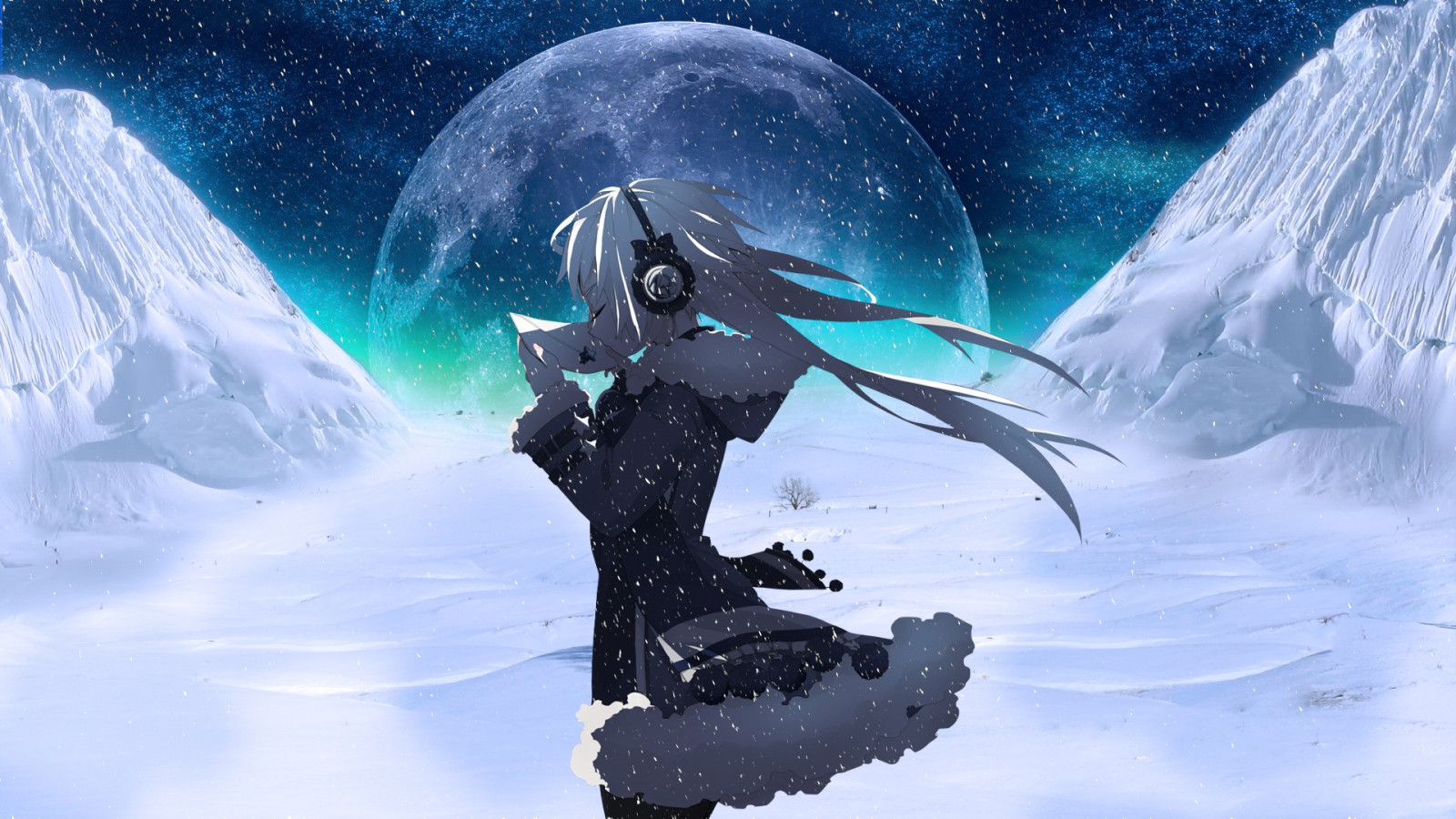 đêm, Anime cô gái, không gian, Bầu trời, tuyết, Mặt trăng, Nước đá, tai nghe, không khí, Đóng băng, Ảnh chụp màn hình, 1920x1080 px, Hình nền máy tính, Nhân vật hư cấu, Hiện tượng địa chất, thể thao mạo hiểm, Sinh vật thần thoại, Hiện tượng, cg artwork