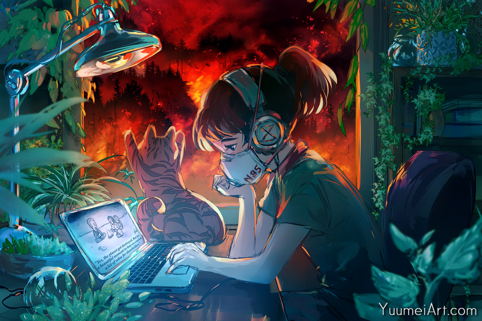 тапети : Yuumei, чертеж, деца, котки, животни, лаптоп, маска, прозорец ...