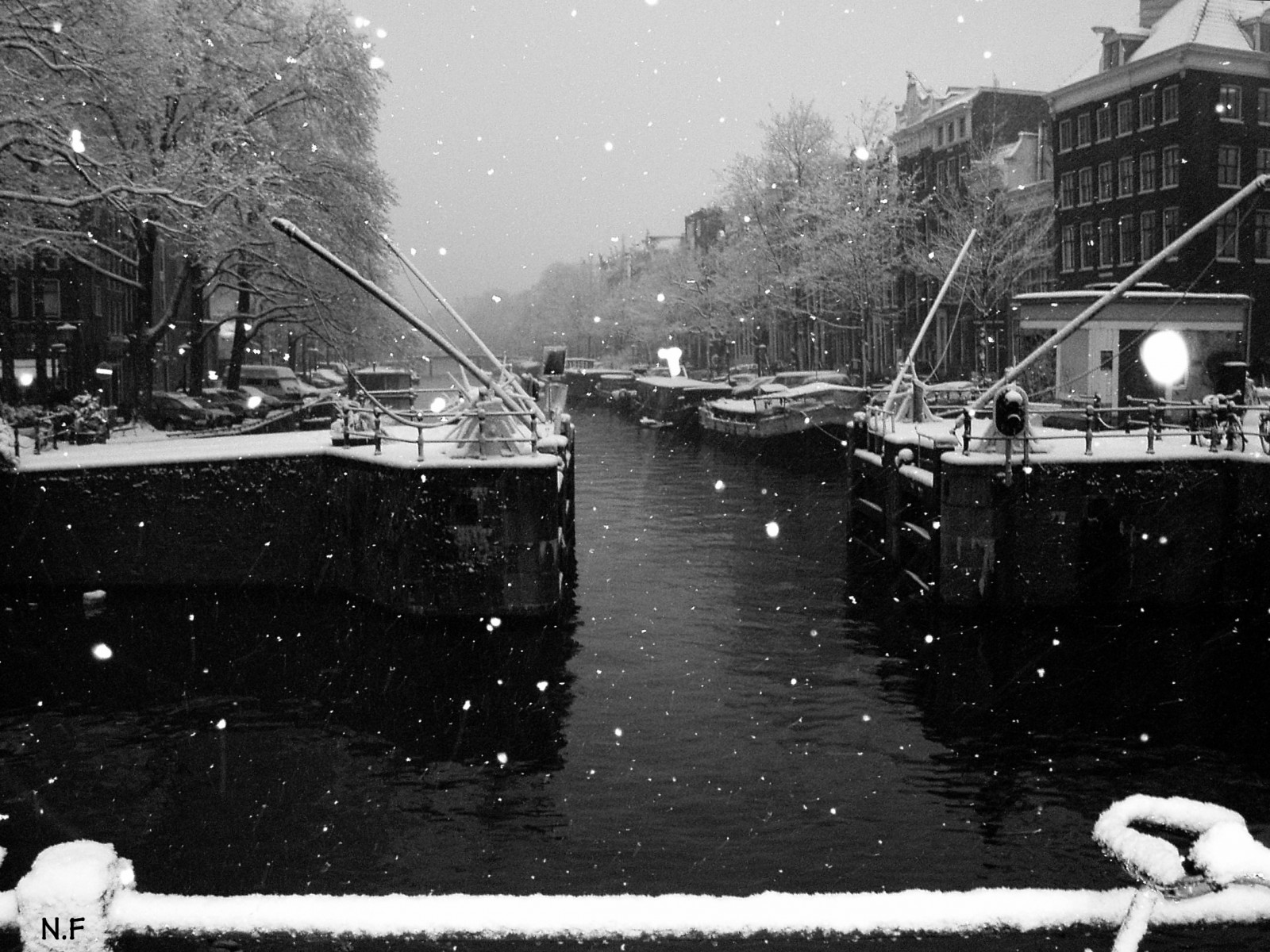 Holandsko, Nizozemí, Amsterodam, zima, sníh, soumrak, blackwhire, černobílý