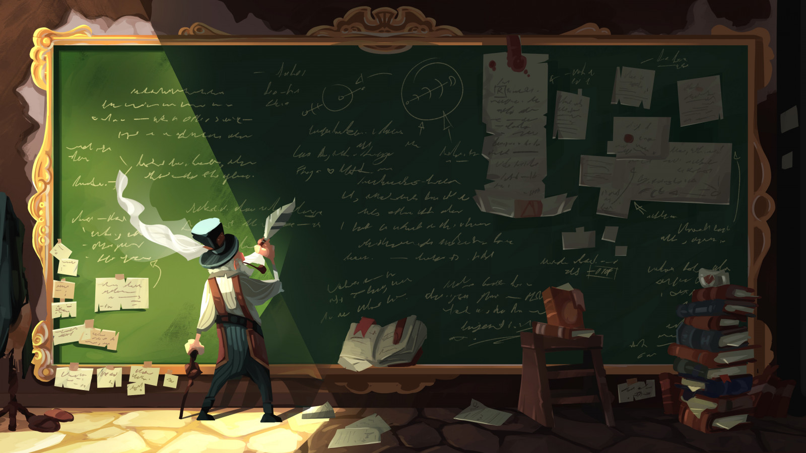 Matt Sanz, digitální umění, staří lidé, tabule, brka, knihy, trubka