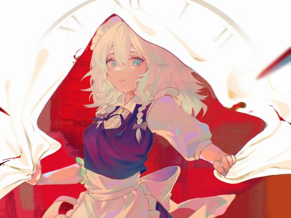 Touhou,Izayoi Sakuya,maid,white hair,blue eyes